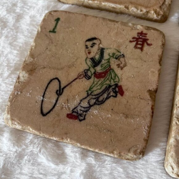 Tumbled Travertine Mahjong Tile Coaster Set - Picture 3 of 9